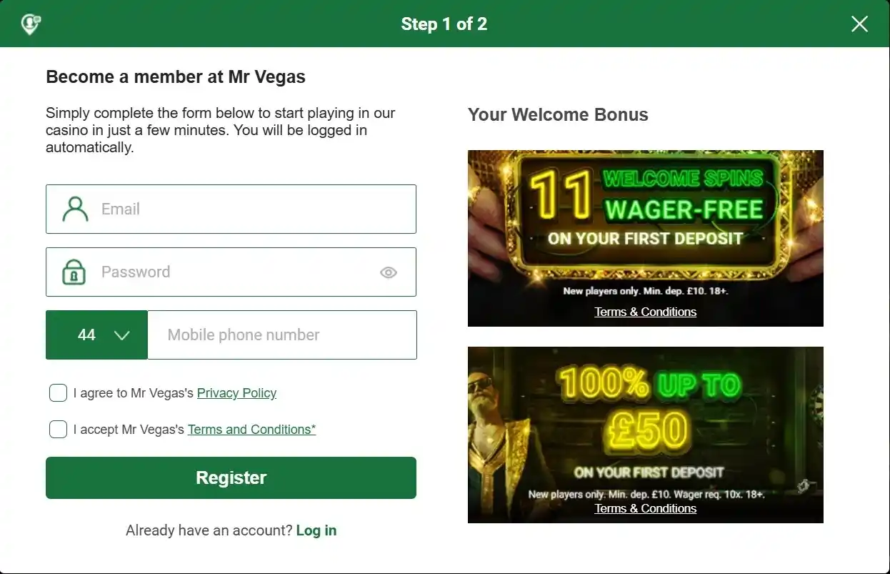 Mr Vegas registration welcome bonus