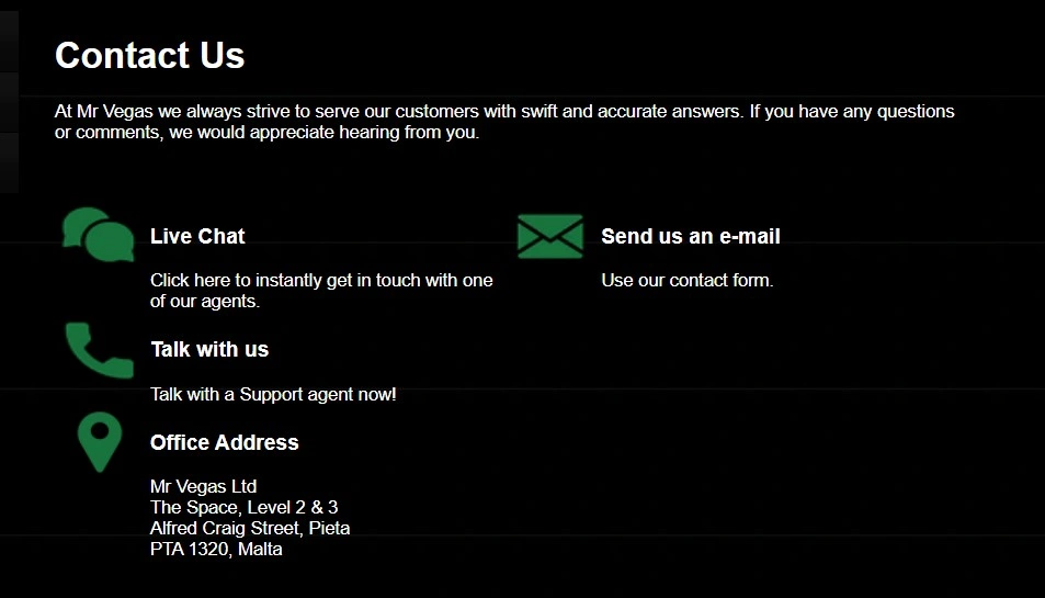 Mr Vegas support contact page